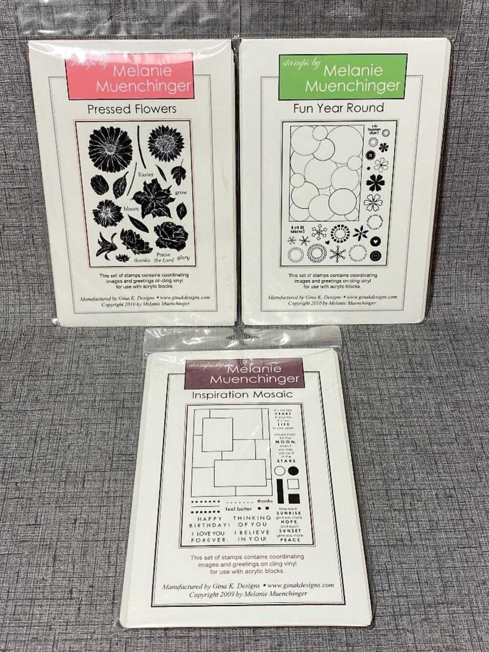 NEW Gina K. Stamps Rubber Cling Stamps Lot Of 3 Pressed Flowers Mosaic Fun Year